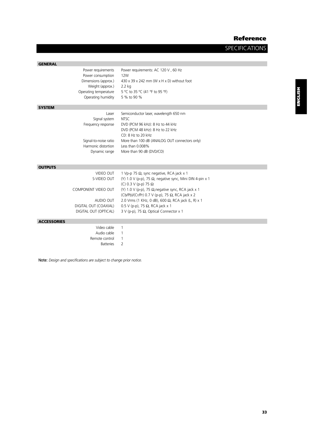 NAD T534 owner manual Specifications, General, System, Outputs, Accessories 