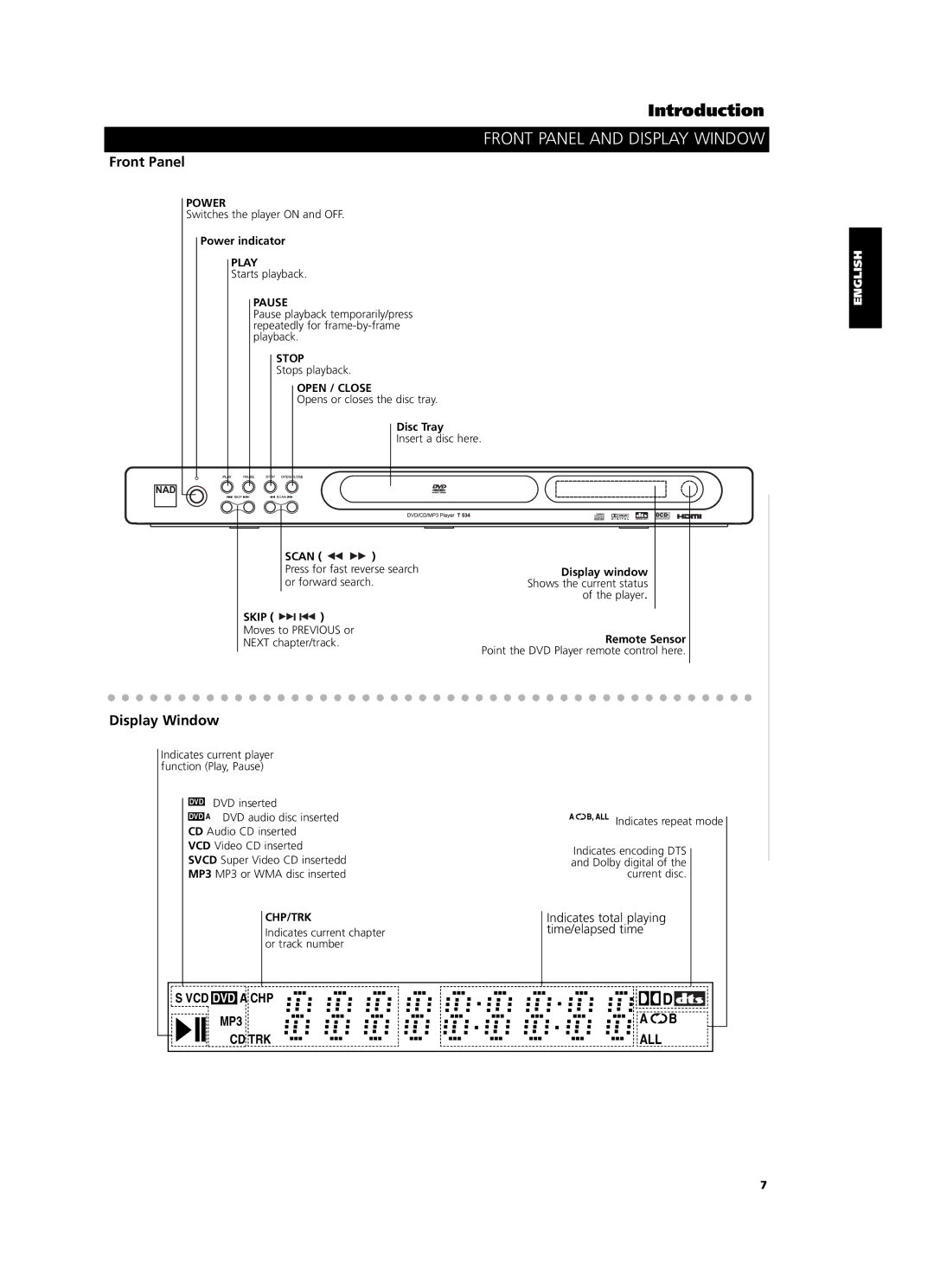 NAD T534 owner manual Front Panel and Display Window 