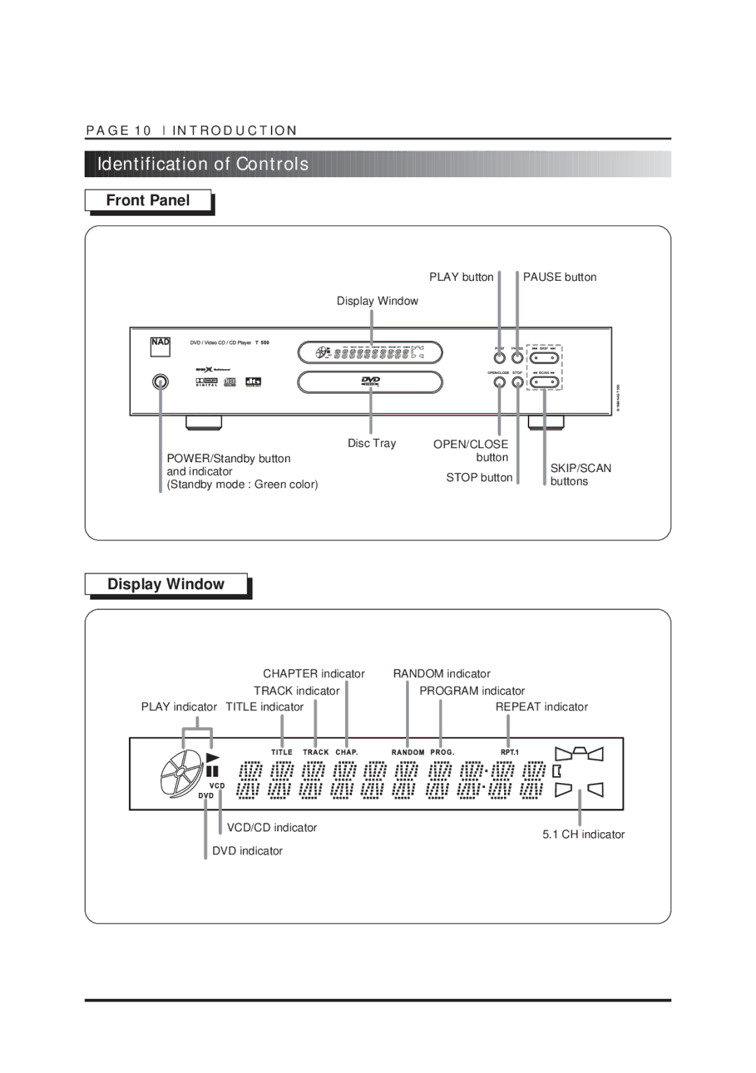 NAD T550DVD owner manual Identification of Controls, Front Panel 