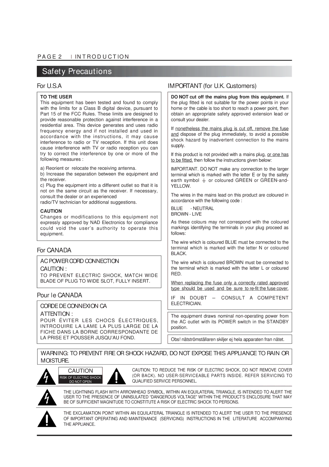 NAD T550DVD owner manual Safety Precautions, For U.S.A, For Canada, Pour le Canada, Important for U.K. Customers 