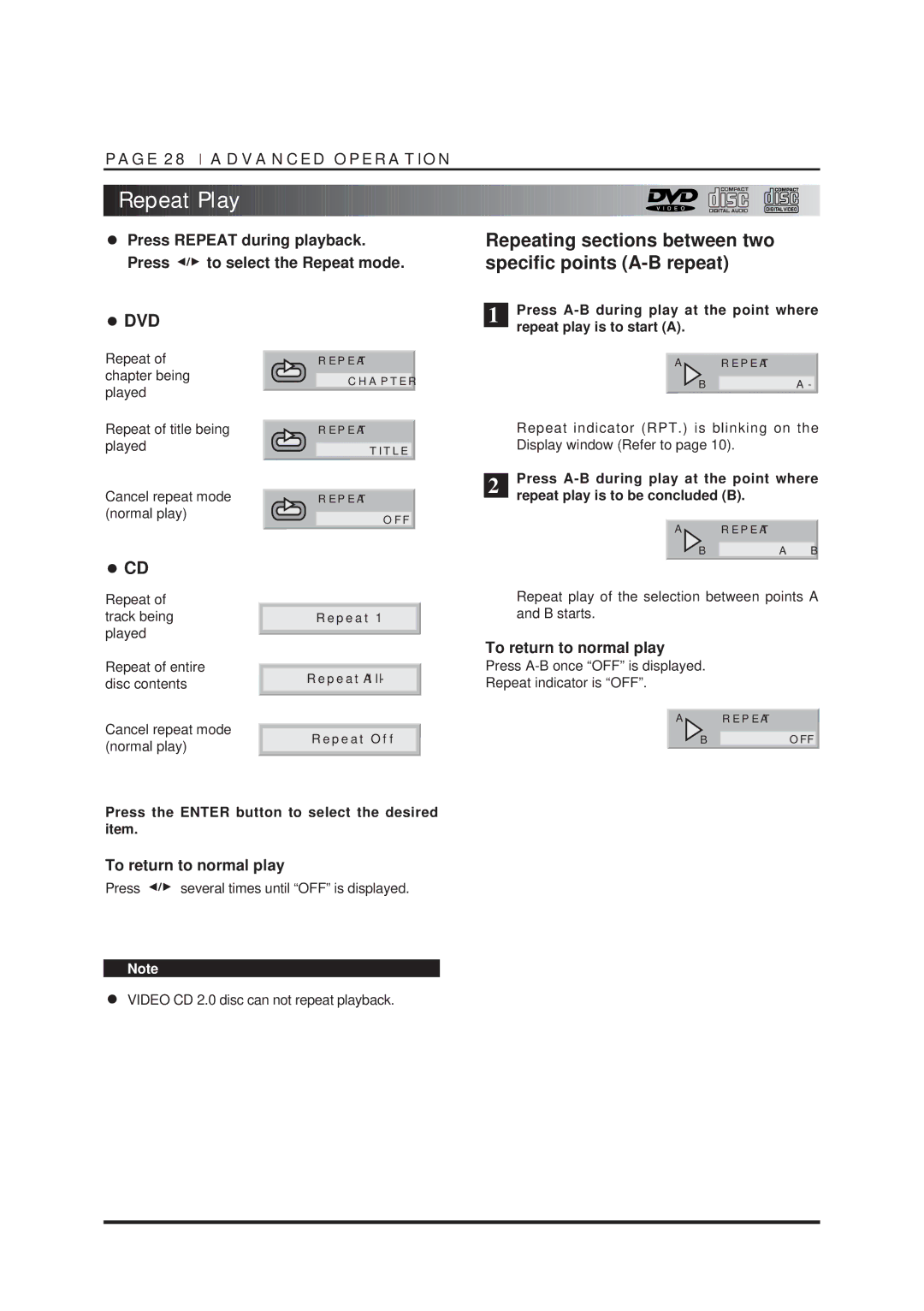 NAD T550DVD Repeat Play, To return to normal play, Disc contents, Press the Enter button to select the desired item 