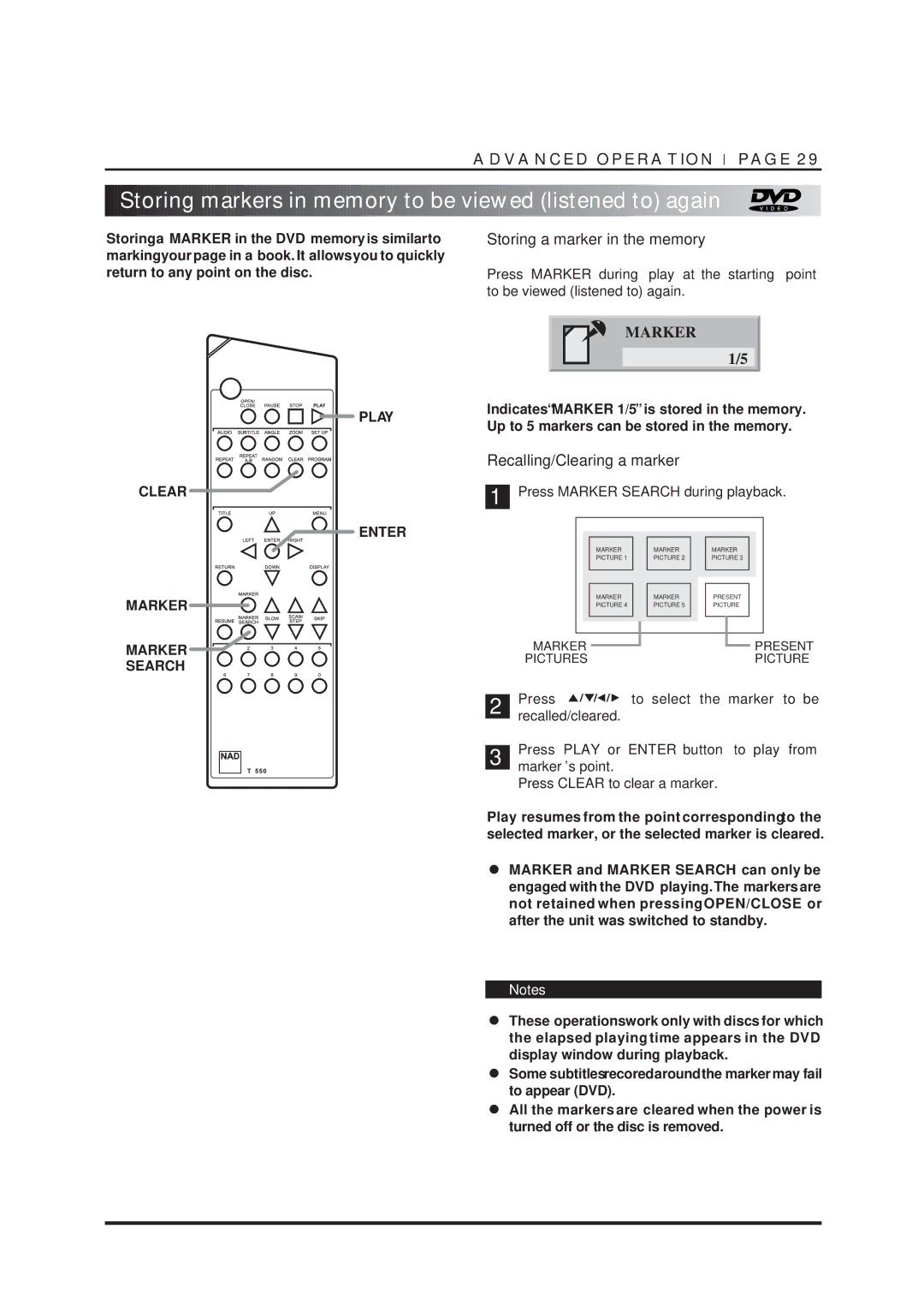 NAD T550DVD owner manual Storing markers in memory to be viewed listened to again, Storing a marker in the memory 