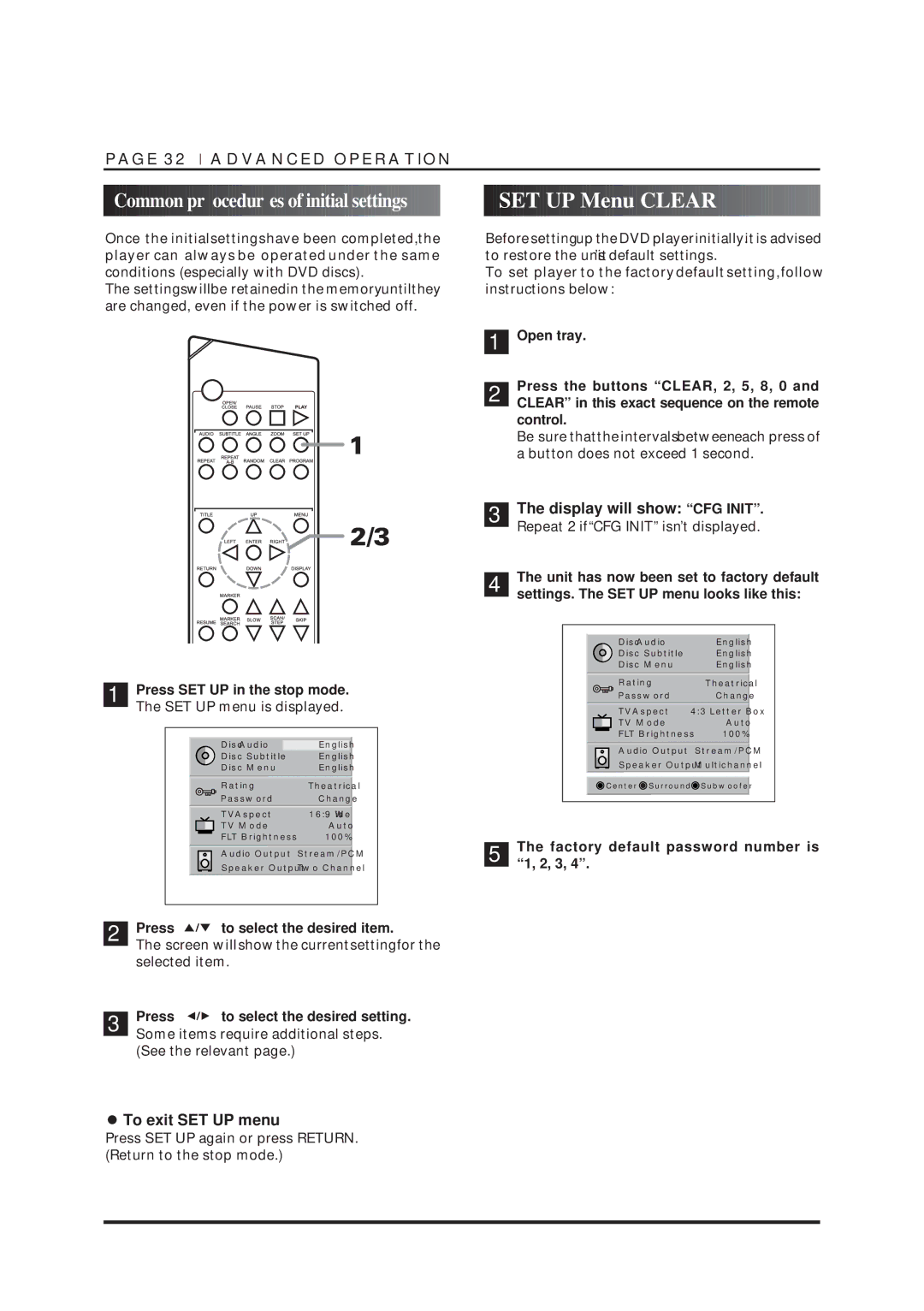 NAD T550DVD owner manual SET UP Menu Clear, To exit SET UP menu 