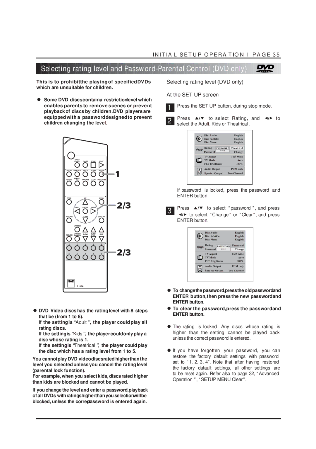 NAD T550DVD owner manual Selecting rating level DVD only 