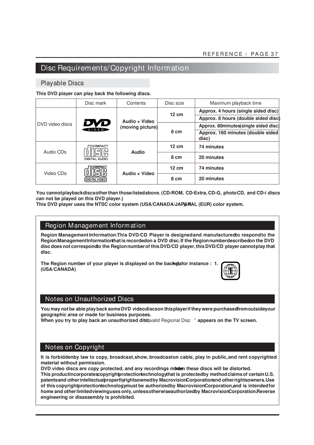 NAD T550DVD owner manual Disc Requirements/Copyright Information, Playable Discs 