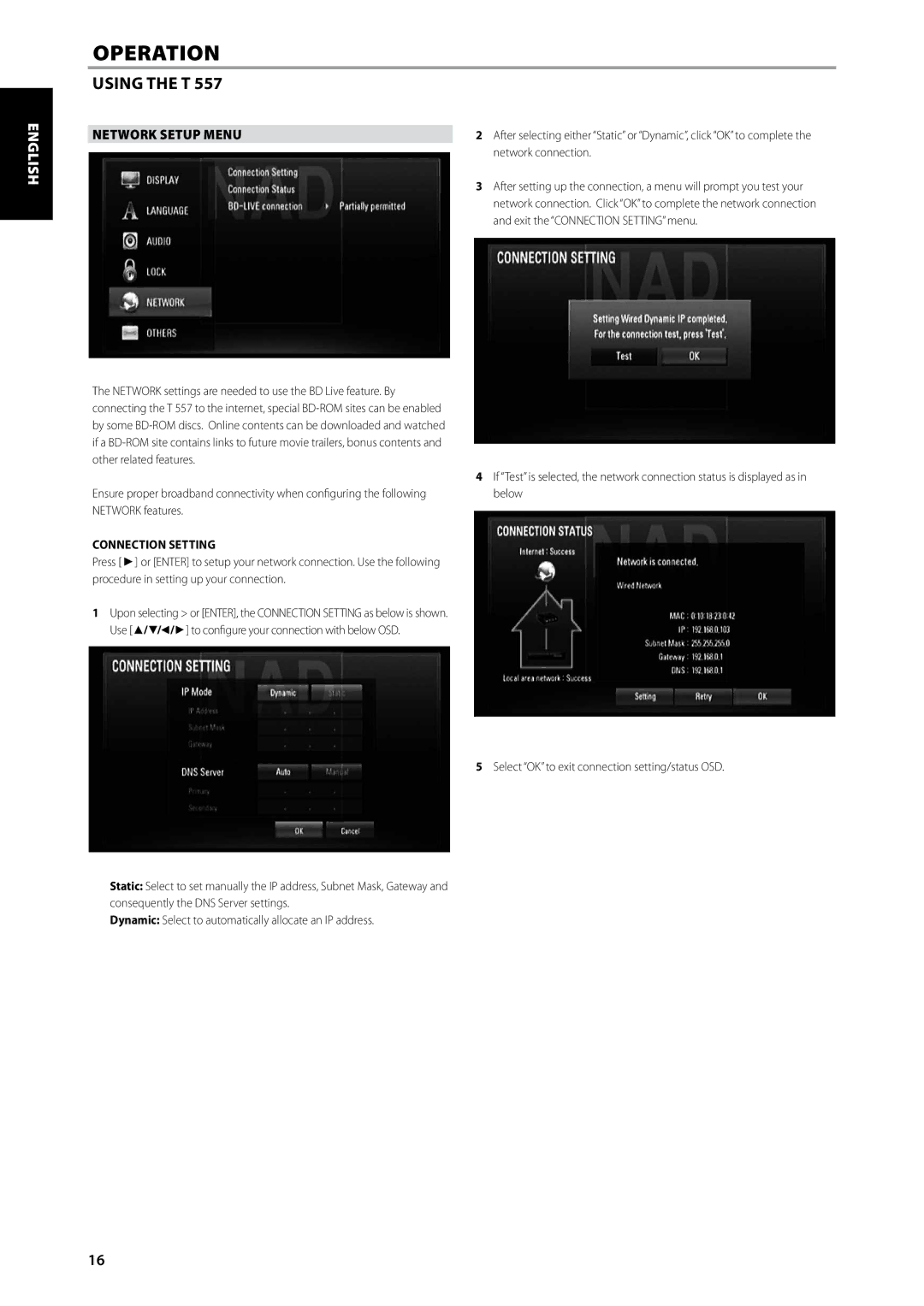 NAD T557 owner manual Network Setup Menu, Connection Setting 