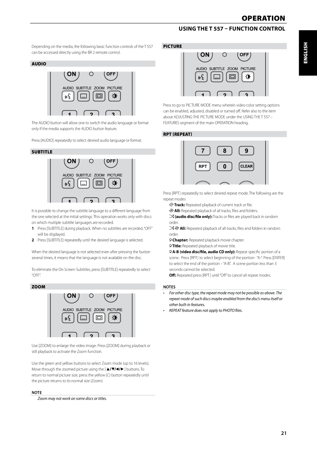 NAD T557 owner manual Audio, Subtitle, Zoom, Picture, RPT Repeat 