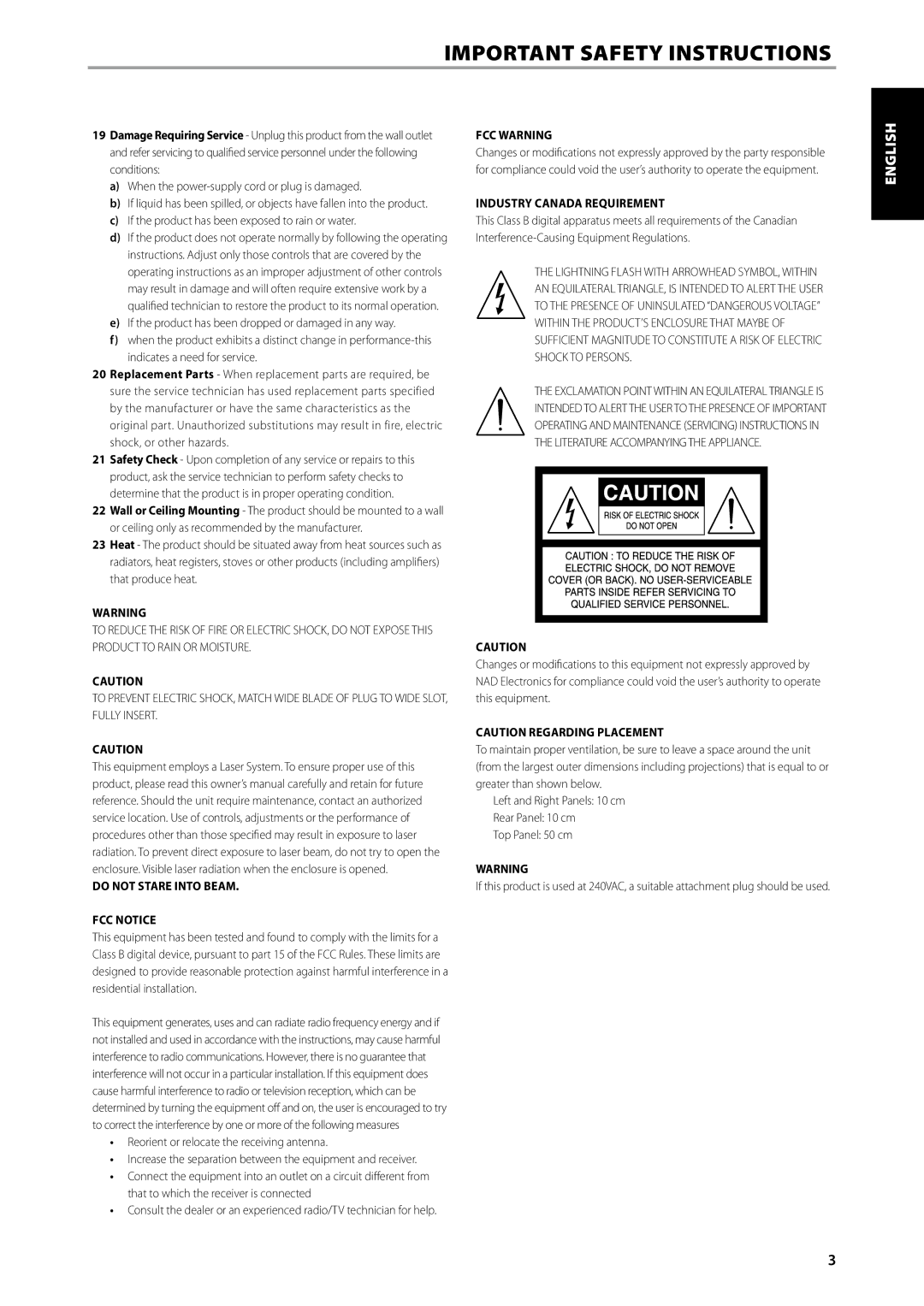 NAD T557 owner manual If the product has been exposed to rain or water, Do not Stare Into Beam FCC Notice, FCC Warning 