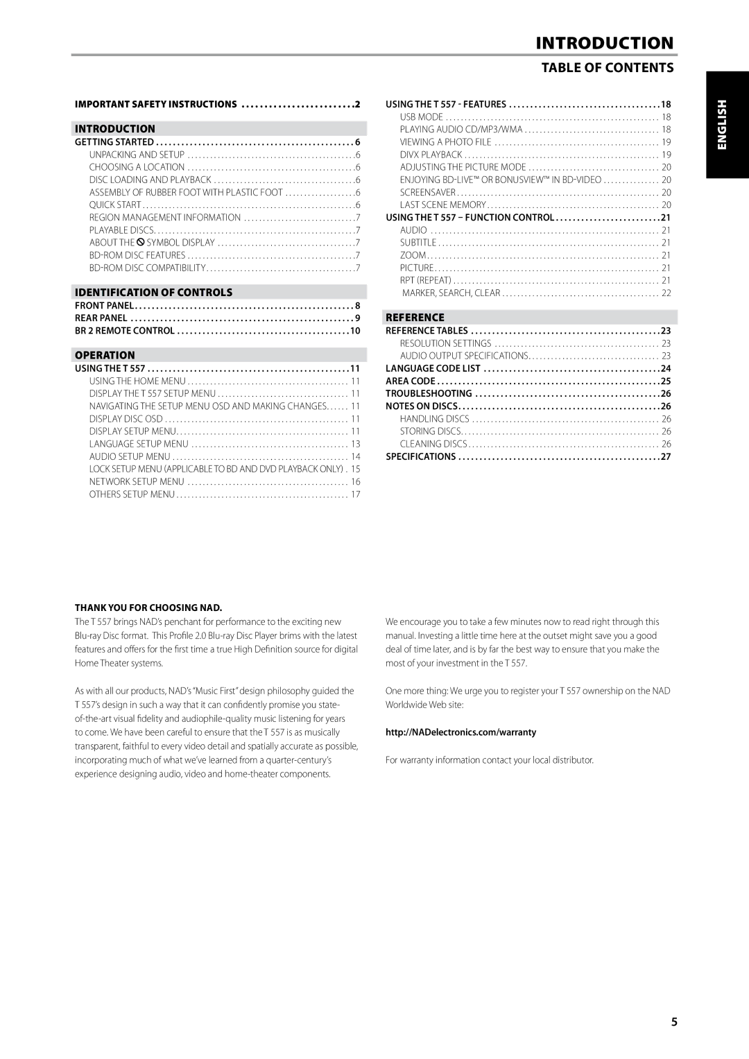 NAD T557 owner manual Introduction, Table of Contents 