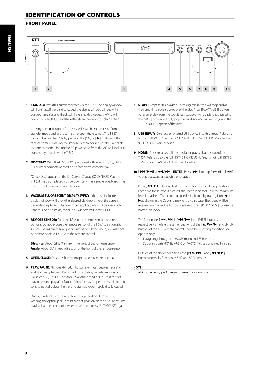 NAD T557 owner manual Identification of Controls, Front Panel 