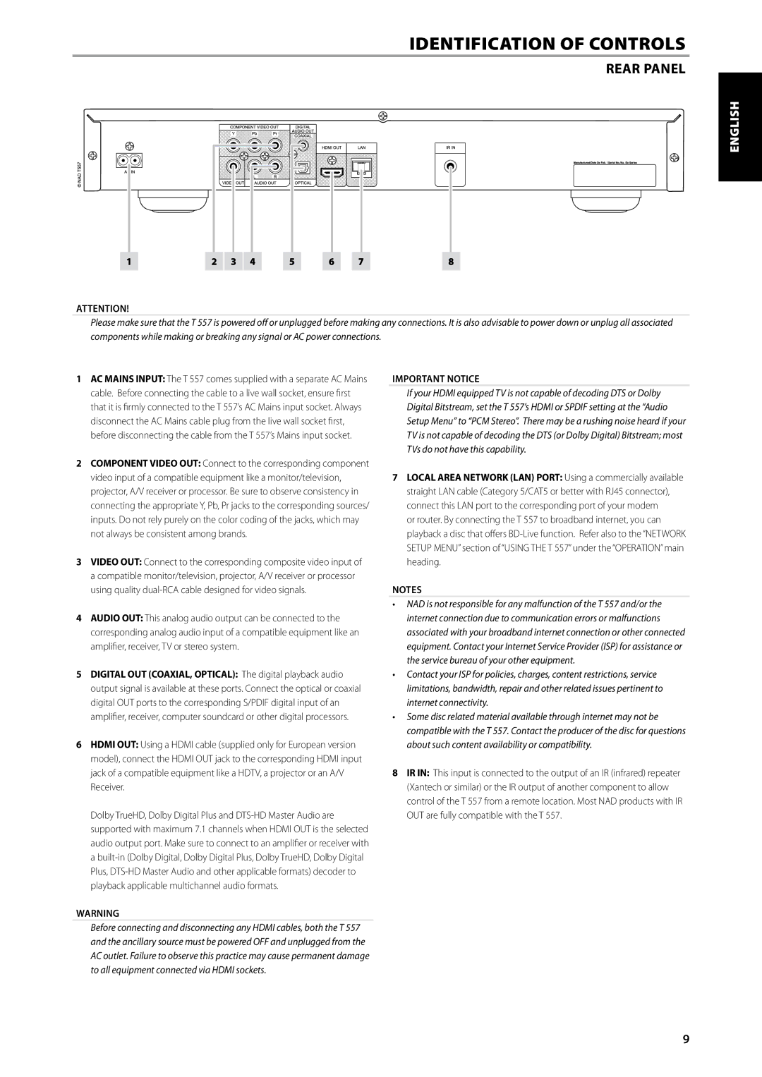 NAD T557 owner manual Rear Panel, Important Notice 