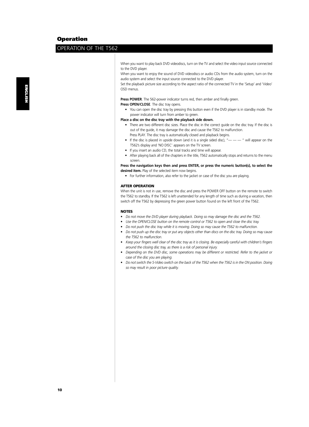 NAD owner manual Operation of the T562, Place a disc on the disc tray with the playback side down, After Operation 