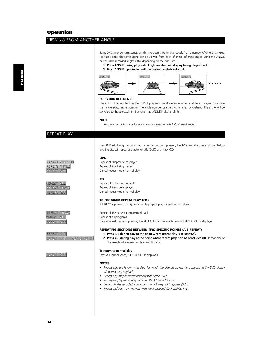 NAD T562 owner manual Viewing from Another Angle, For Your Reference, Dvd, To Program Repeat Play CD 