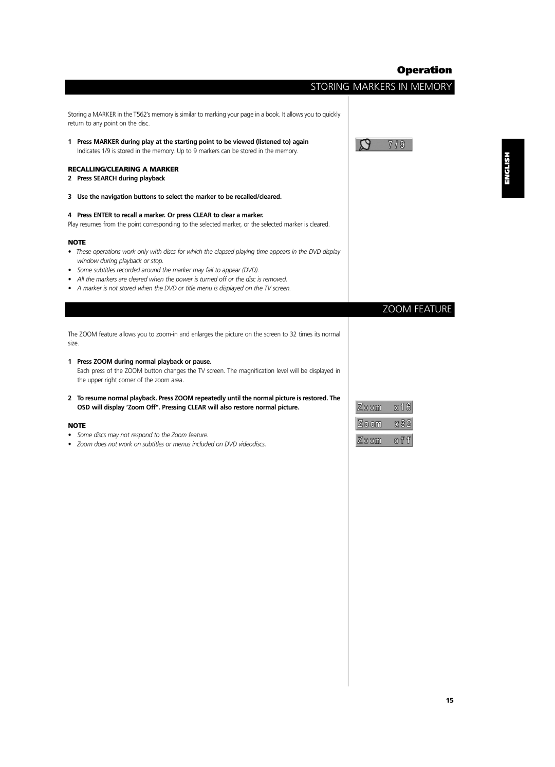 NAD T562 owner manual Storing Markers in Memory, Zoom Feature, Press Zoom during normal playback or pause 