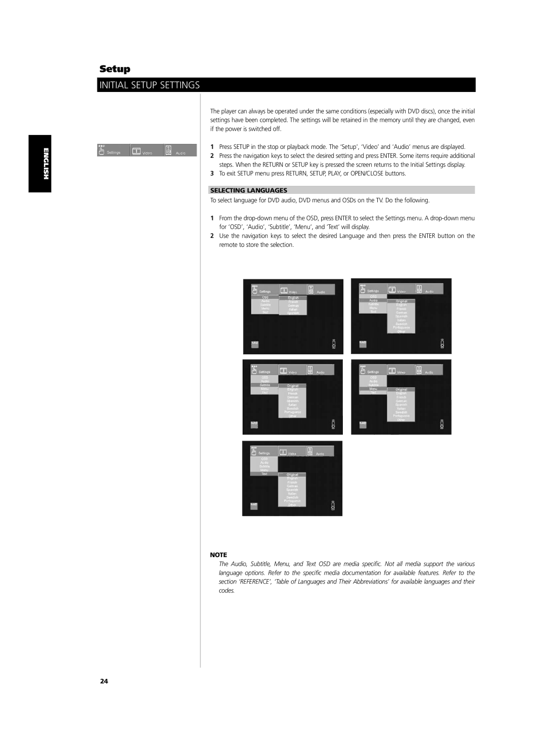 NAD T562 owner manual Initial Setup Settings, Selecting Languages 