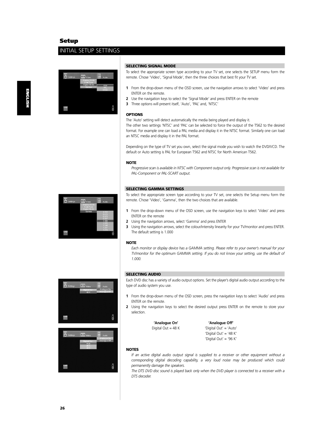 NAD T562 owner manual Selecting Signal Mode, Options, Selecting Gamma Settings, Selecting Audio 