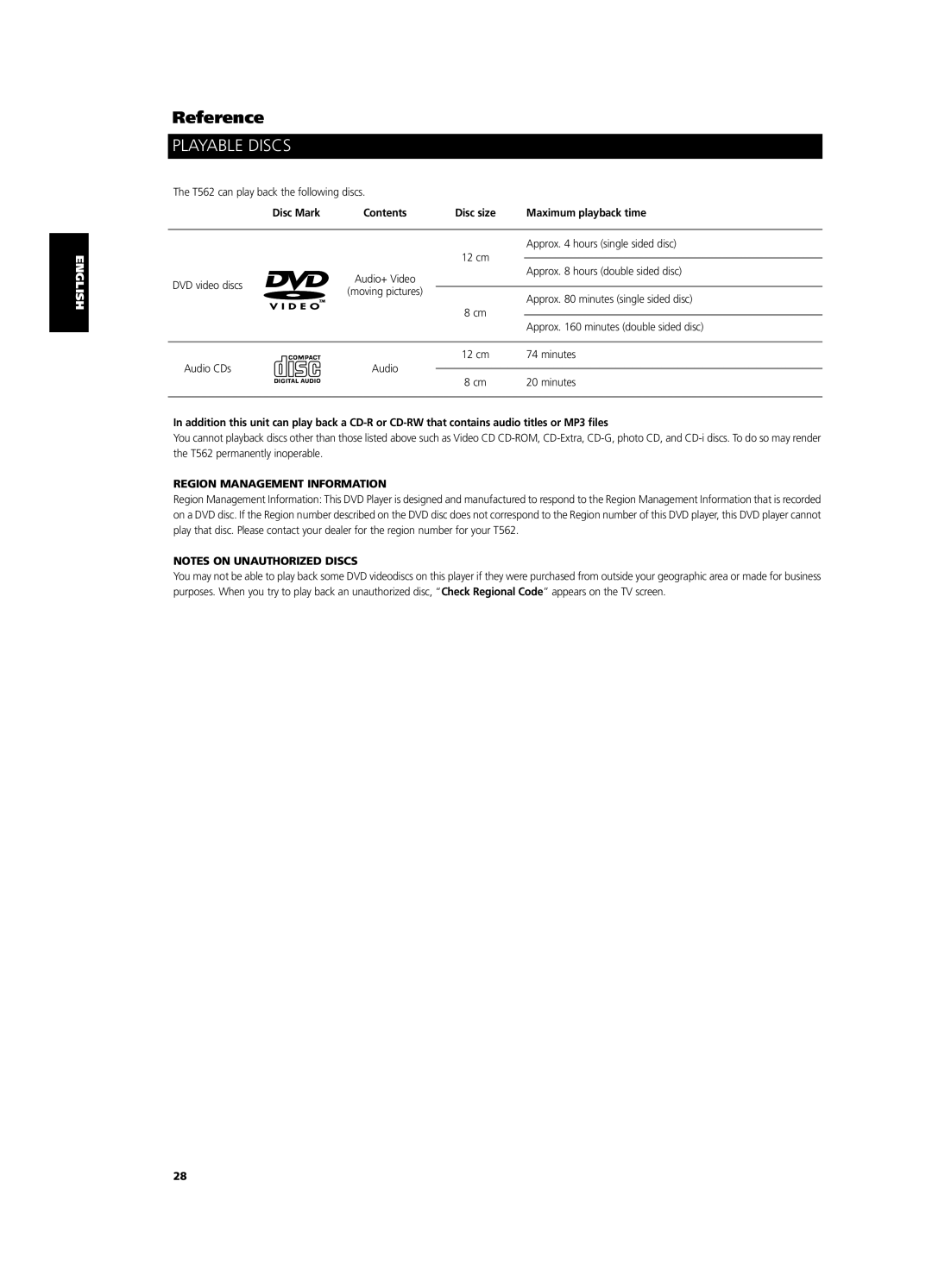 NAD T562 owner manual Playable Discs, Disc Mark Contents Disc size, Region Management Information 