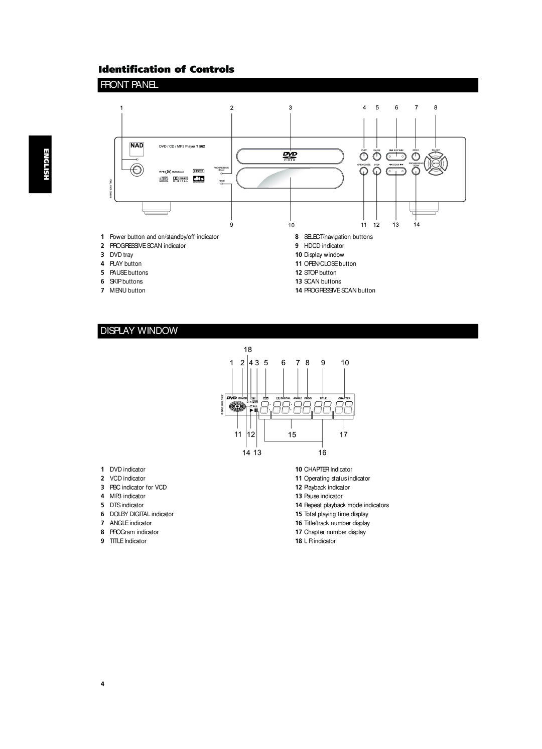 NAD T562 owner manual Identification of Controls, Front Panel, Display Window, Power button and on/standby/off indicator 