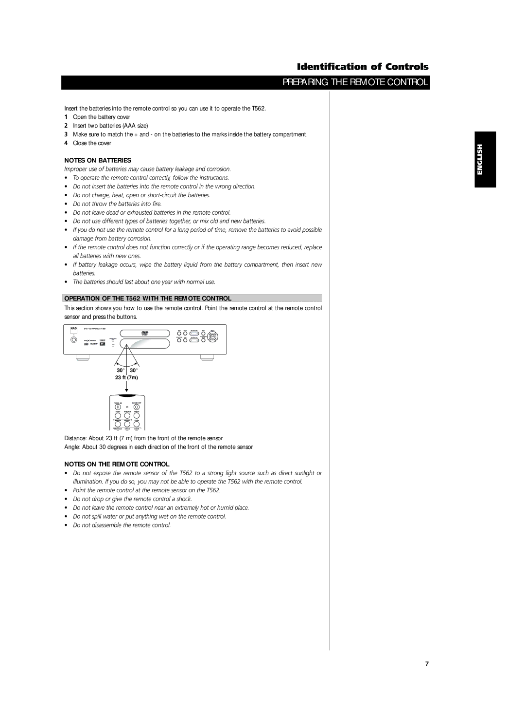 NAD owner manual Preparing the Remote Control, Operation of the T562 with the Remote Control 