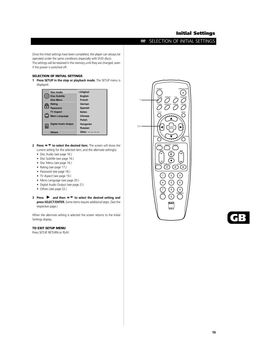 NAD T571 owner manual Selection of Initial Settings, To Exit Setup Menu, Press SETUP, Return or Play 