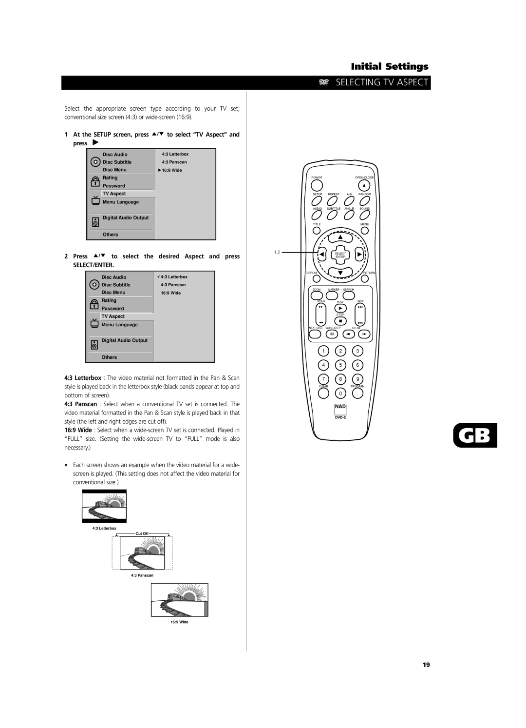 NAD T571 owner manual Selecting TV Aspect, At the Setup screen, press press, To select TV Aspect 