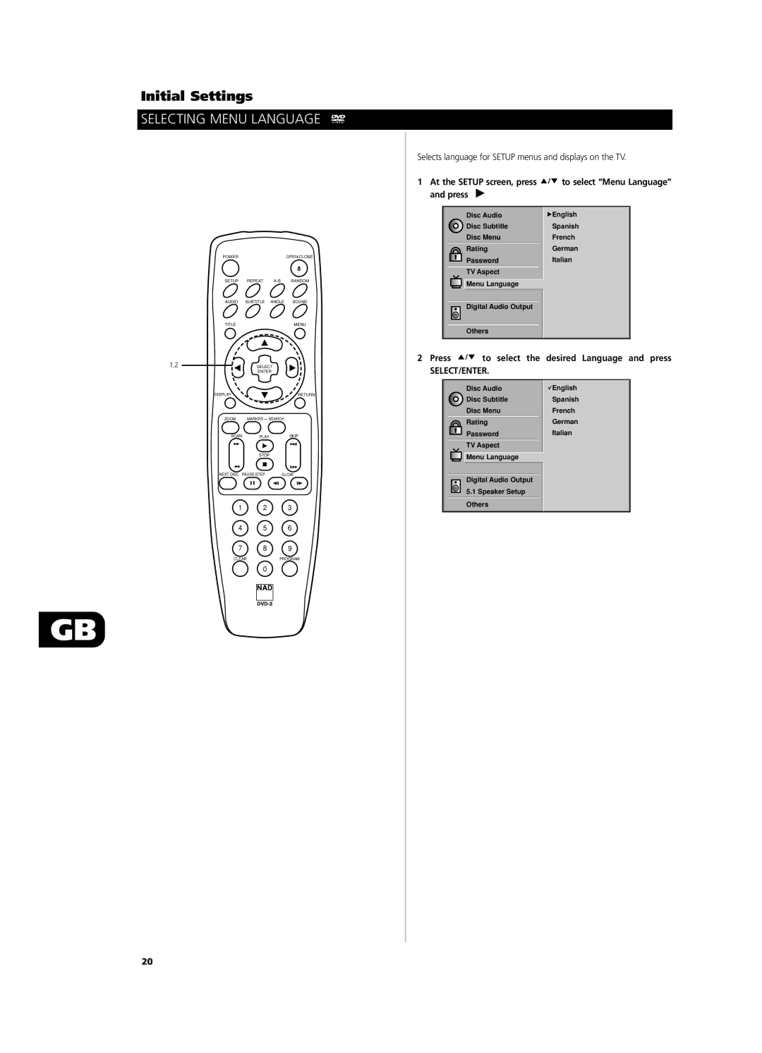 NAD T571 owner manual Selecting Menu Language, Selects language for Setup menus and displays on the TV 