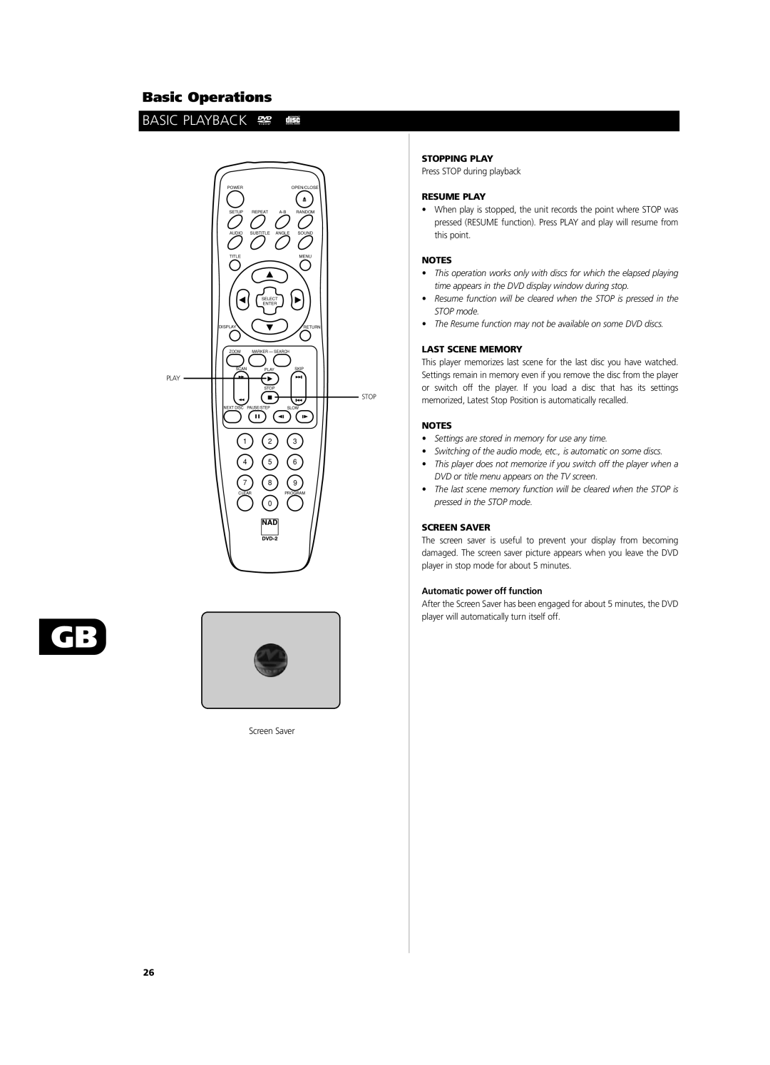 NAD T571 owner manual Stopping Play, Resume Play, Last Scene Memory, Screen Saver, Automatic power off function 