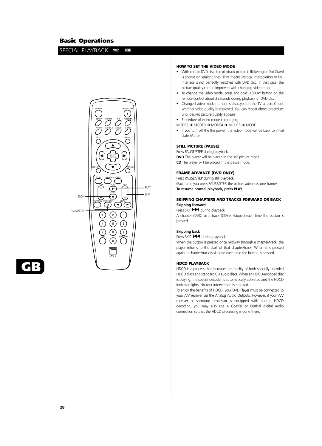 NAD T571 Special Playback, HOW to SET the Video Mode, Still Picture Pause, Frame Advance DVD only, Hdcd Playback 