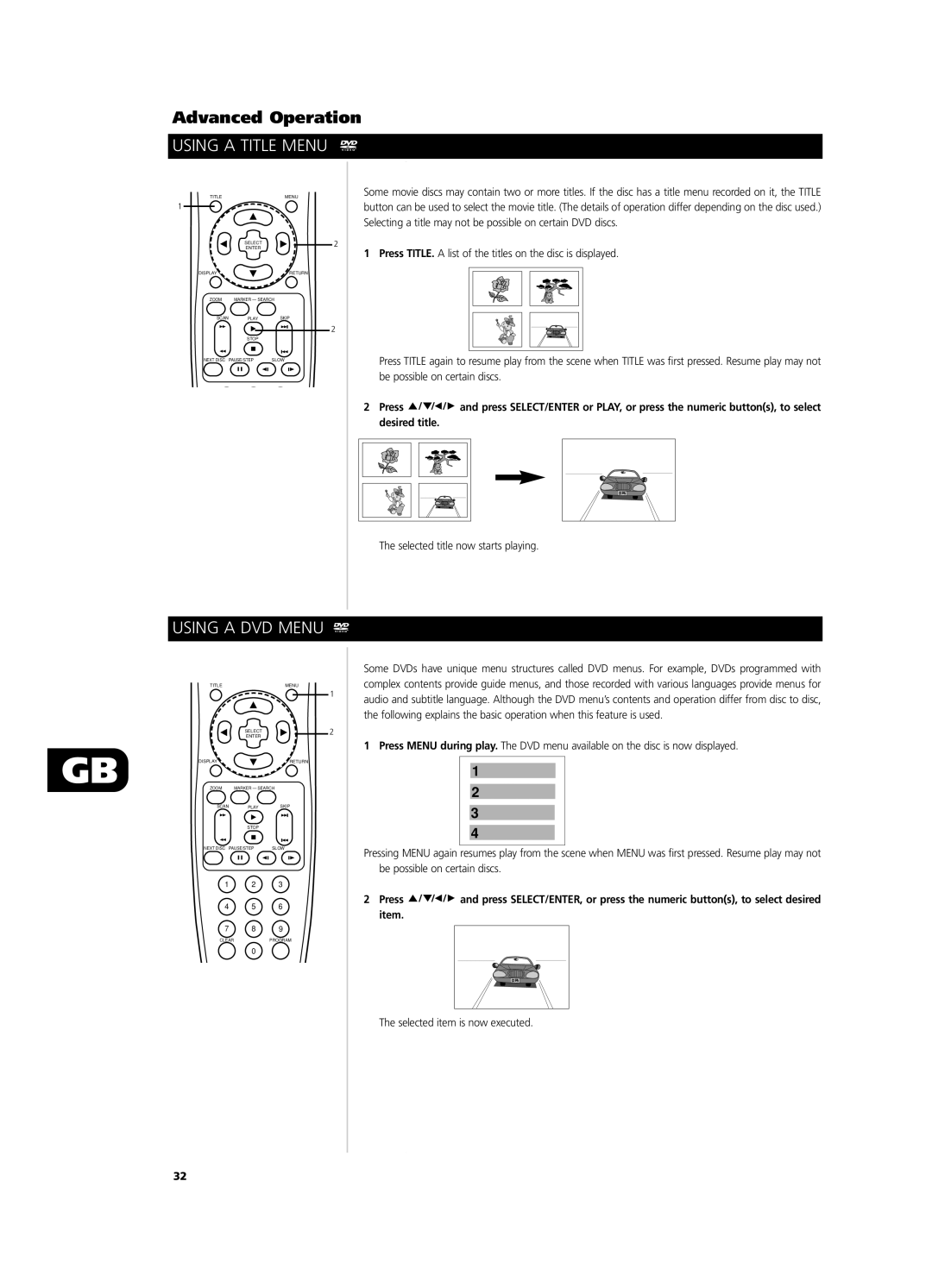 NAD T571 owner manual Advanced Operation, Using a Title Menu, Using a DVD Menu, Selected title now starts playing 