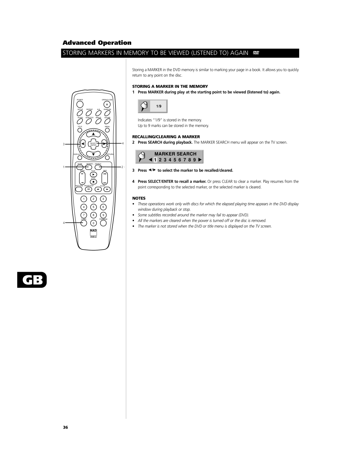 NAD T571 owner manual Storing Markers in Memory to be Viewed Listened to Again, Storing a Marker in the Memory 