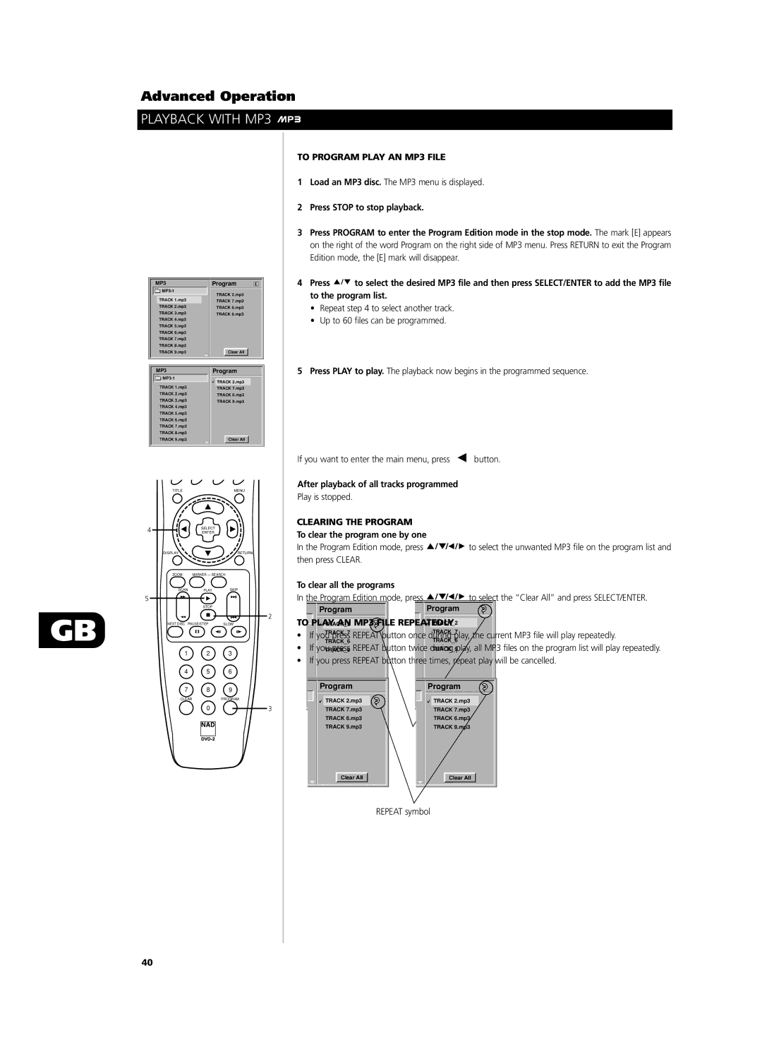 NAD T571 owner manual To Program Play AN MP3 File, To PLAYTRACKAN2 MP3 File Repeatedly 