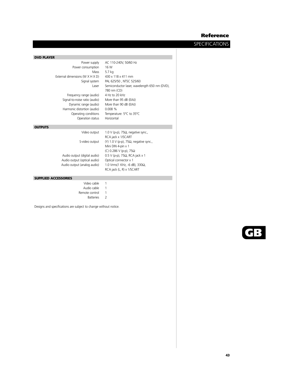 NAD T571 owner manual Specifications, DVD Player, Nm CD, Outputs, Supplied Accessories 