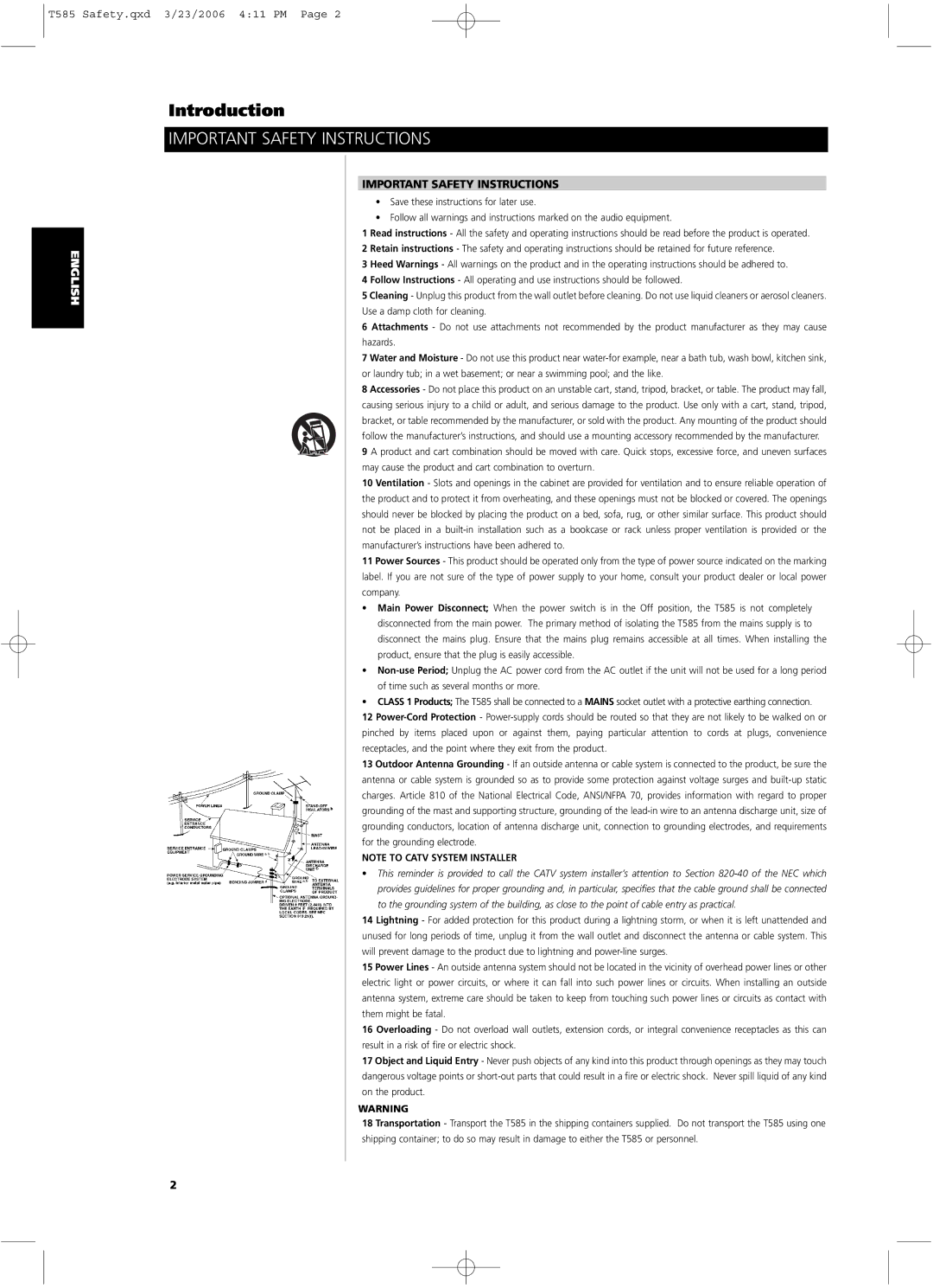 NAD T585 owner manual Important Safety Instructions 