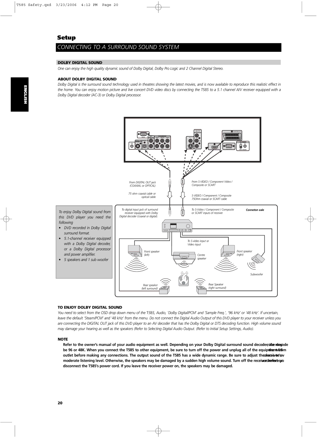 NAD T585 owner manual Connecting to a Surround Sound System, About Dolby Digital Sound, To Enjoy Dolby Digital Sound 