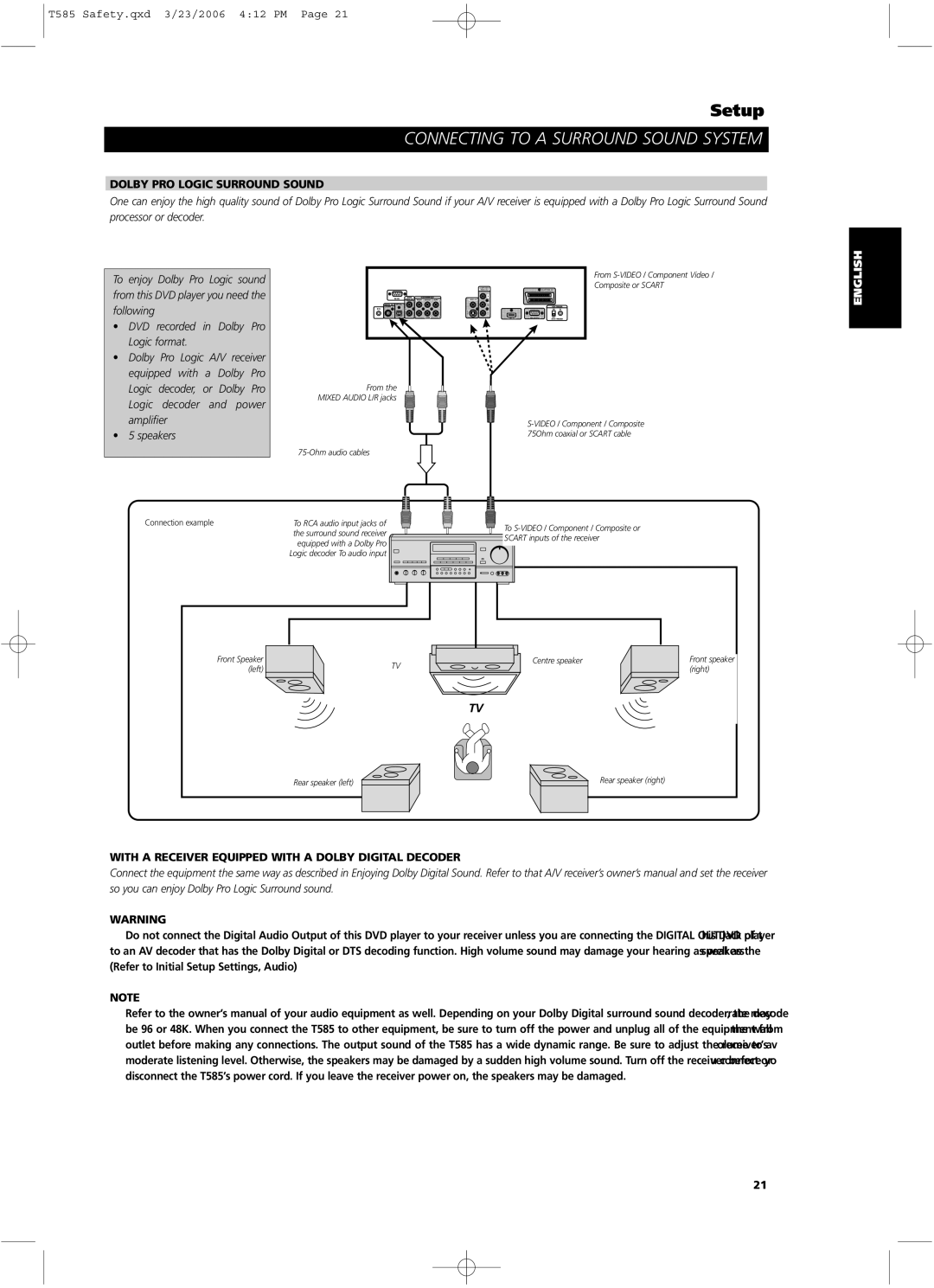 NAD T585 owner manual Dolby PRO Logic Surround Sound, With a Receiver Equipped with a Dolby Digital Decoder 