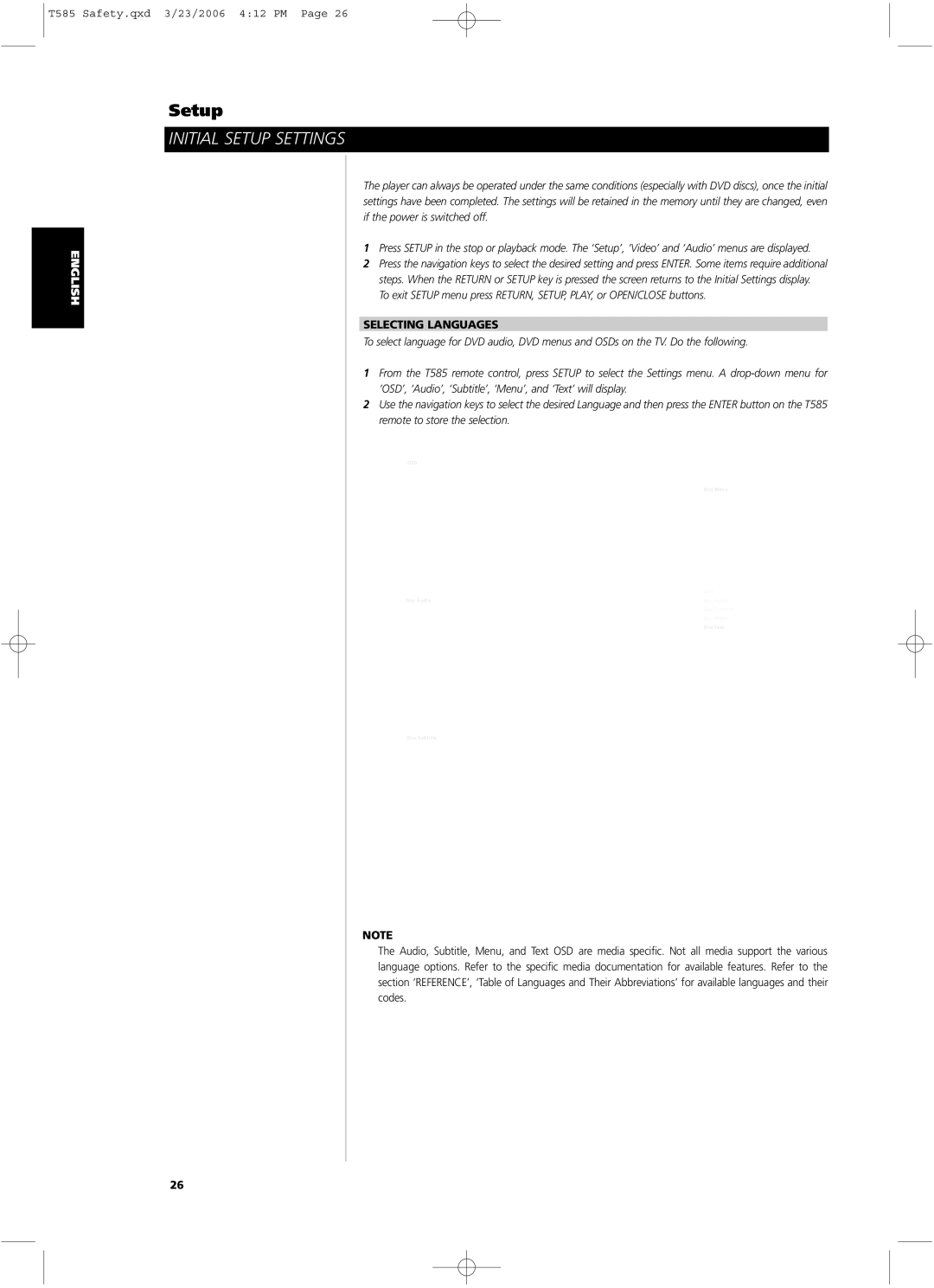 NAD T585 owner manual Initial Setup Settings, Selecting Languages 