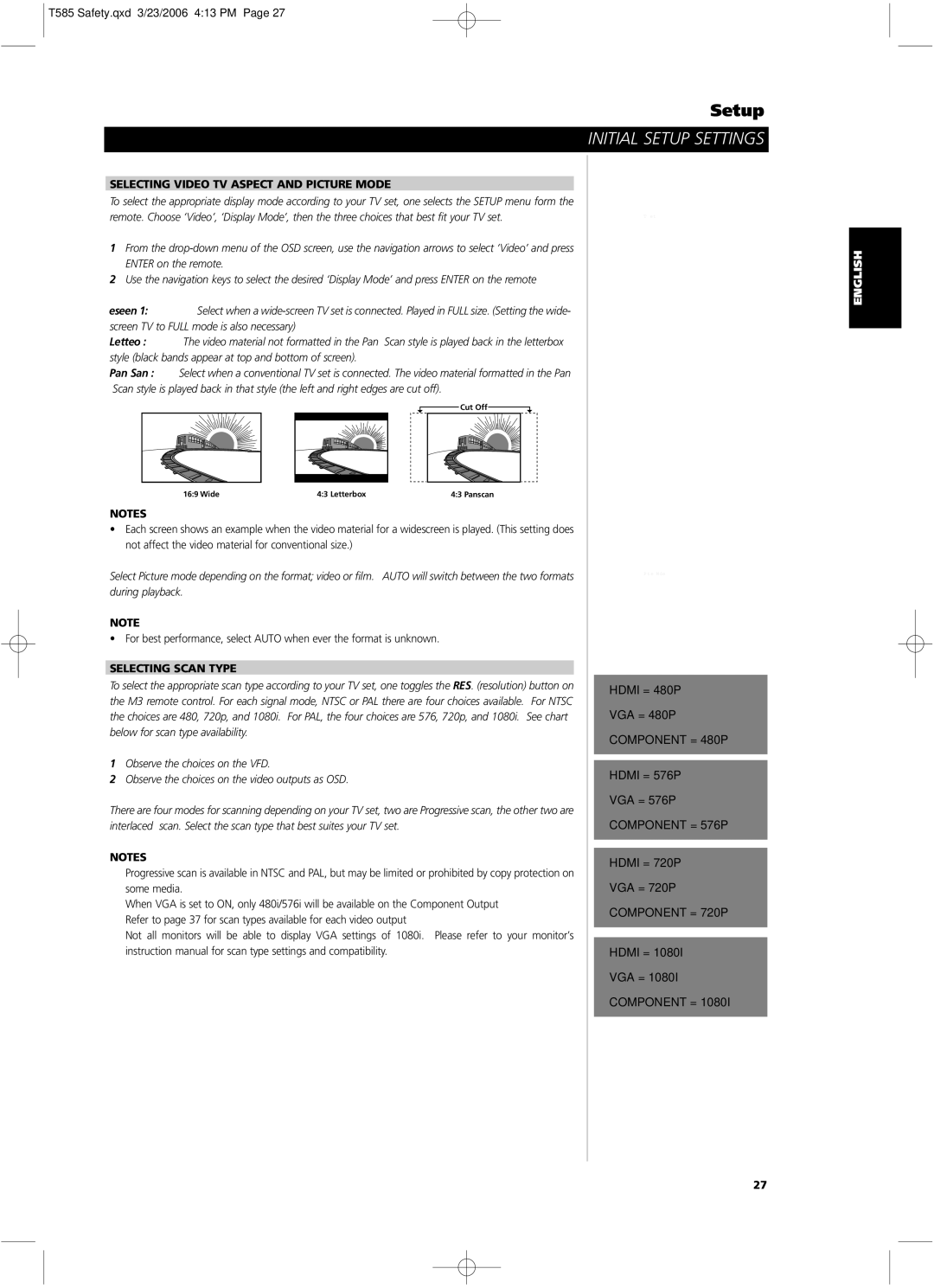 NAD T585 owner manual Selecting Video TV Aspect and Picture Mode, Selecting Scan Type, Component = 480P, Component = 576P 