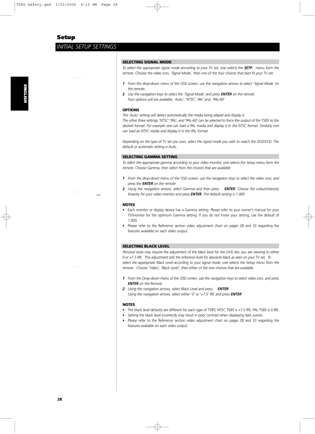 NAD T585 owner manual Selecting Signal Mode, Options, Selecting Gamma Setting, Selecting Black Level 