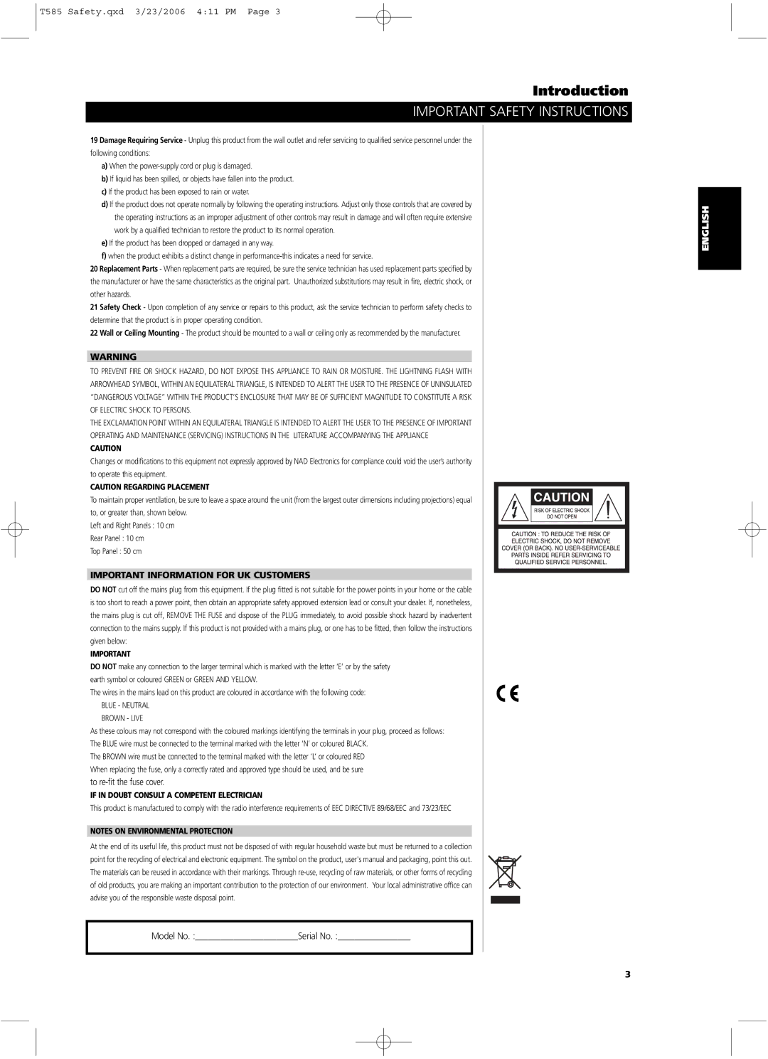 NAD T585 owner manual Important Information for UK Customers, Blue Neutral Brown Live 