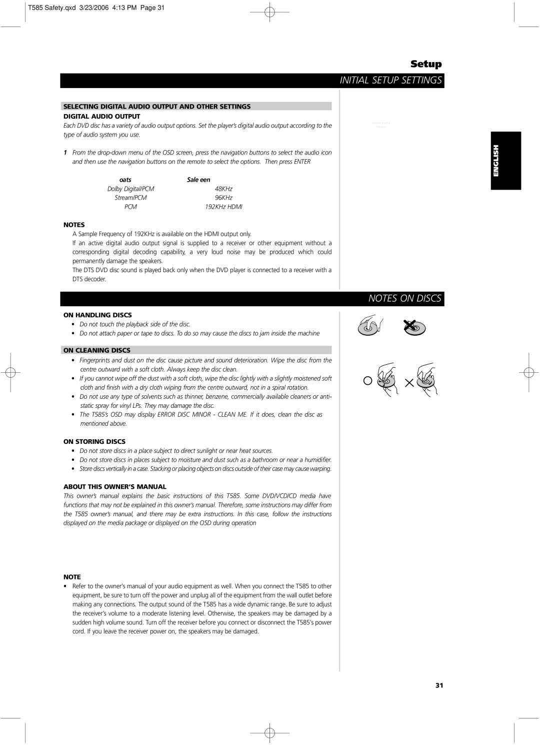 NAD T585 Selecting Digital Audio Output and Other Settings, On Handling Discs, On Cleaning Discs, On Storing Discs 