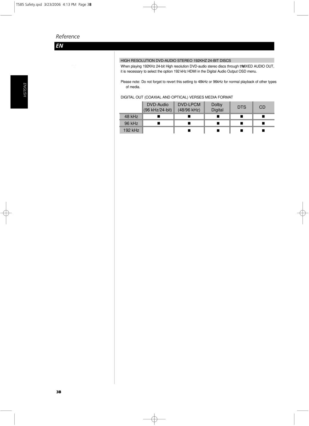 NAD T585 owner manual Addendum, High Resolution DVD-AUDIO Stereo 192KHZ 24-BIT Discs 