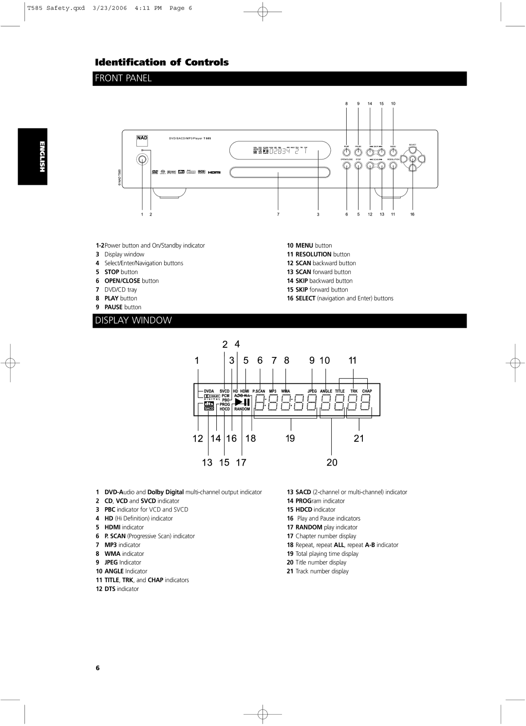 NAD T585 owner manual Front Panel, Display Window, Pause button 