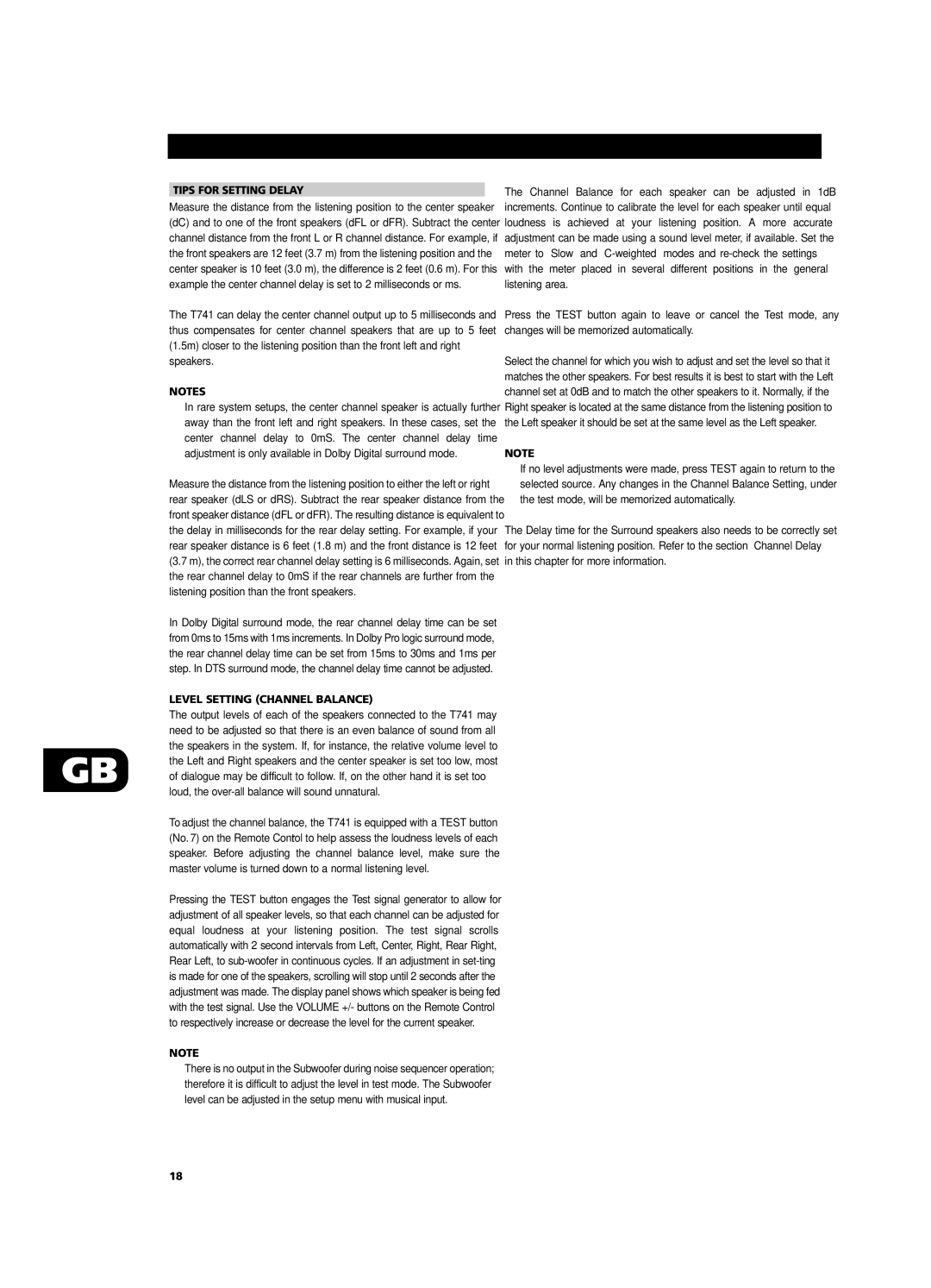 NAD T741 owner manual Tips for Setting Delay, Level Setting Channel Balance 