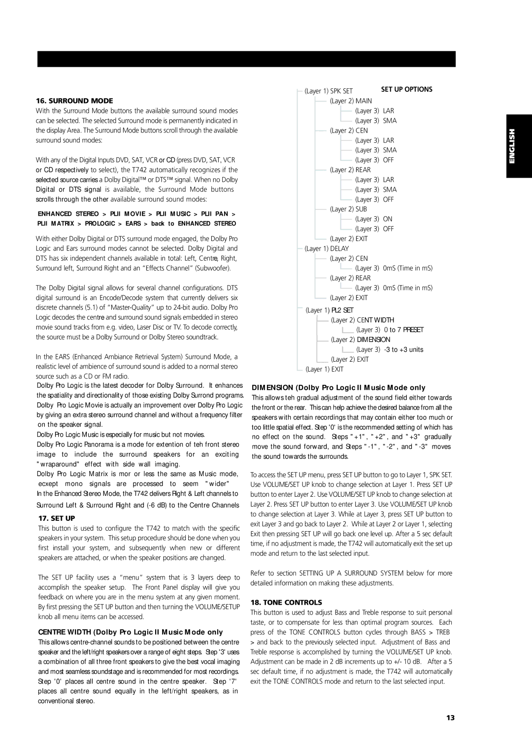 NAD T742 owner manual Surround Mode, Set Up, Centre Width Dolby Pro Logic II Music Mode only, Tone Controls 