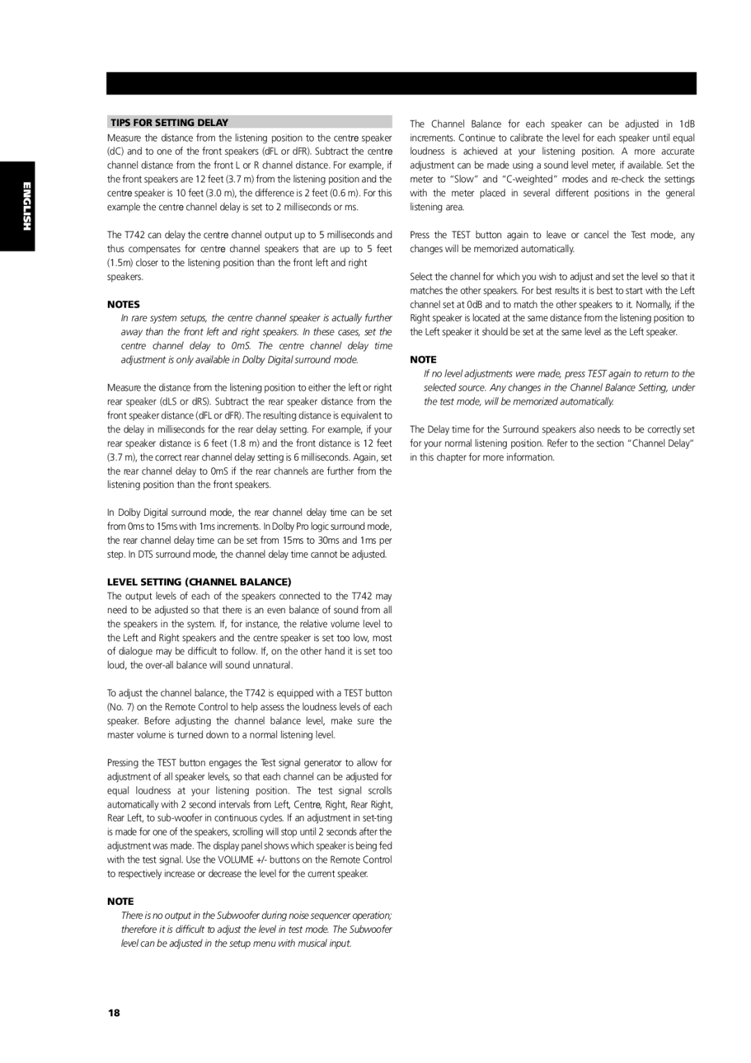 NAD T742 owner manual Tips for Setting Delay, Level Setting Channel Balance 