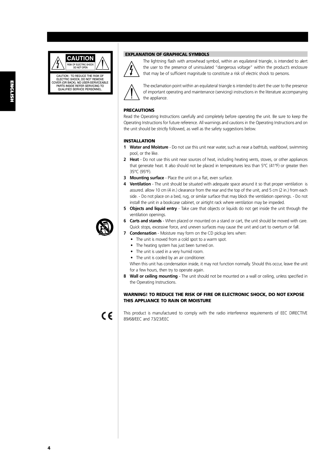 NAD T742 owner manual Explanation of Graphical Symbols, Precautions, Installation 