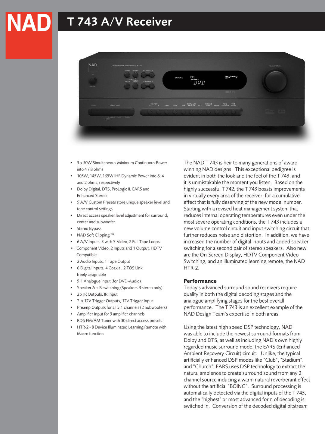 NAD T743 manual 743 A/V Receiver, Performance 