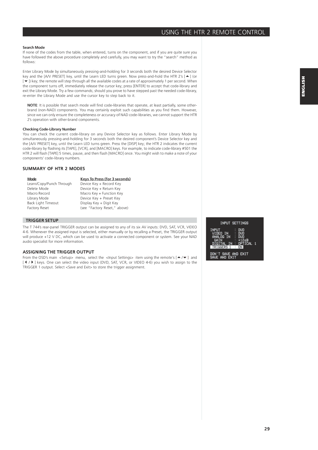 NAD T744 owner manual Summary of HTR 2 Modes, Trigger Setup, Assigning the Trigger Output 