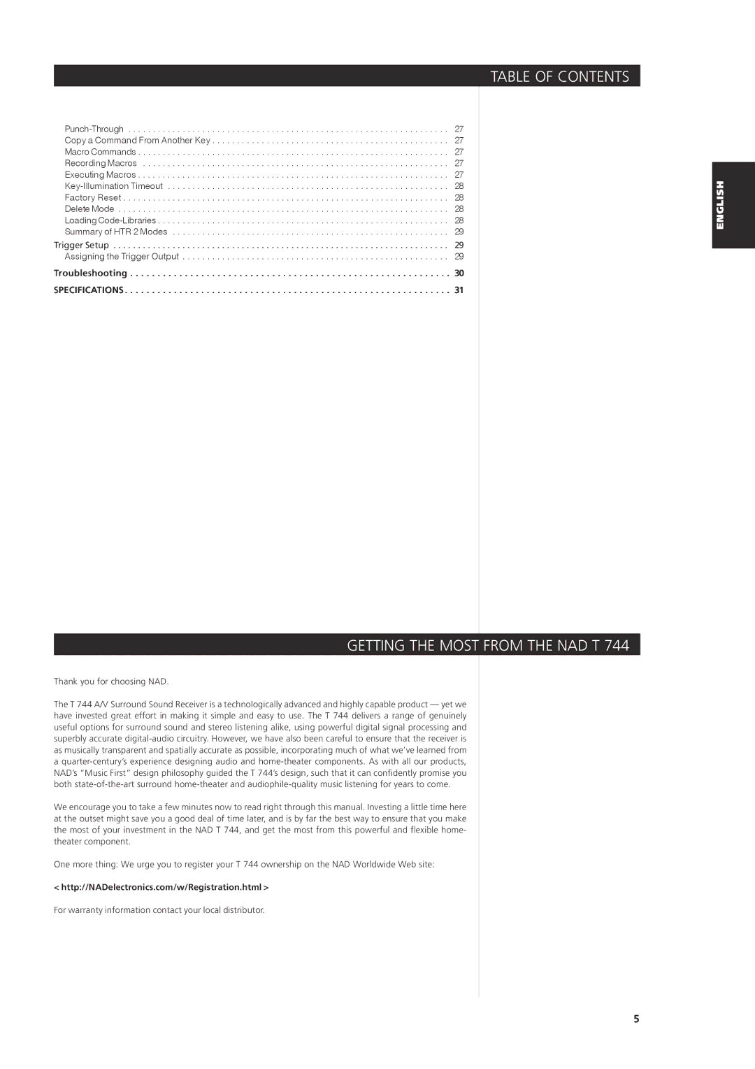 NAD T744 owner manual Getting the Most from the NAD T, Troubleshooting Specifications 