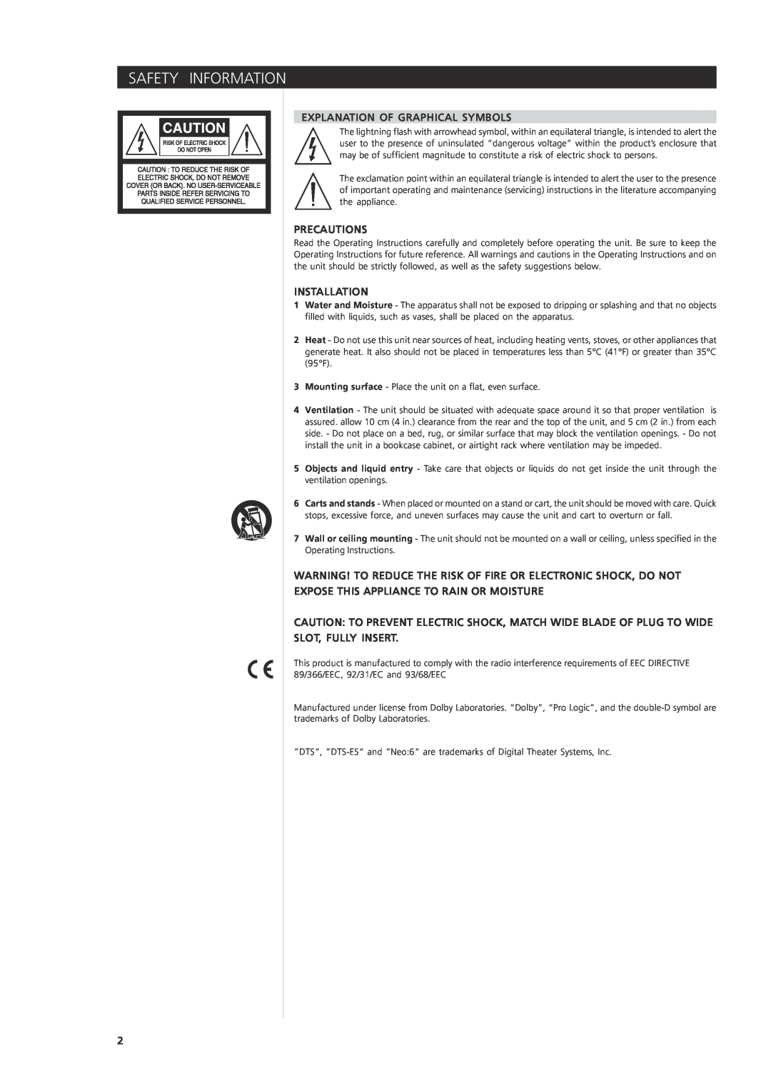 NAD T744 owner manual Safety Information, Explanation Of Graphical Symbols, Precautions, Installation, Slot, Fully Insert 